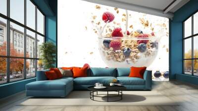 Healthy breakfast with whole grains, granola and muesli, along with a mix of fresh berries such as raspberries, blueberries, and blackberries. Wall mural