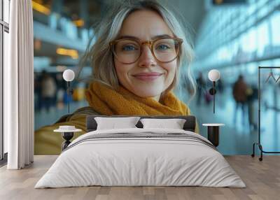 Woman at an airport terminal taking selfie, ready for her journey.  Wall mural