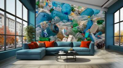 CLOSE UP: Accumulated pile of empty plastic bottles, styrofoam ands Wall mural