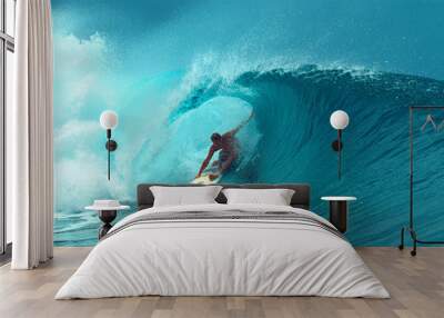 CLOSE UP: Professional surfboarder finishes riding another epic tube wave. Wall mural