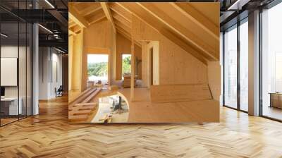 CLOSE UP: View of beautiful unfinished interior of a prefabricated lumber house. Wall mural