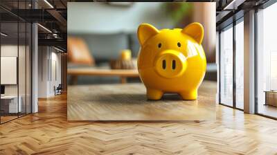 yellow piggy bank on a wooden table against the background of the living room Wall mural