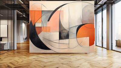 Abstract visual with geometric lines and curves in grey and orange color Wall mural