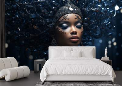 Black afro American fashion model with Swarovski crystal makeup and clothing Wall mural