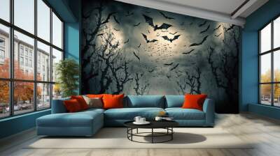 Moody night scene with flying bats on sky and moon background. AI generated image Wall mural