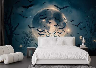 Moody night scene with flying bats on sky and moon background Wall mural