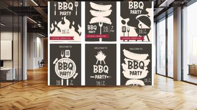 BBQ party banner or invitation for cookout picnic, holiday or weekend. BBQ party poster or flyer in beige, black and red colours with grilling meat, sausages on a fork, flame, charcoal smoke. Wall mural