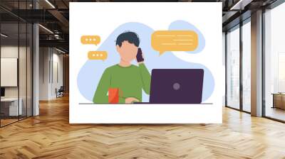 Business customer service vector illustration. Male operator with a mobile phone and laptop offers support and advice to clients. Online consulting center, bank, legal and insurance help desk concept. Wall mural