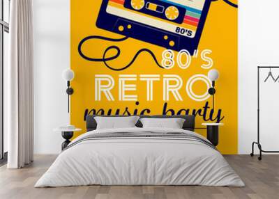 Retro music party invitation poster with audio cassette on yellow background. Vector banner or flyer design template in flat style for retro 80's concert, disco dance night or eighties show. Wall mural