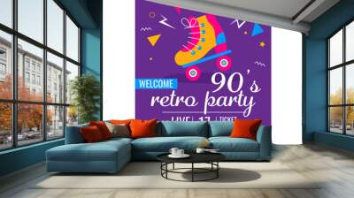 Retro music party poster in 90's style with vintage disco roller skates and colourful abstract graphic elements on the blue background. Invitation for disco dance event in the night club. Wall mural