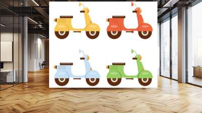 Scooter or moped vector illustration set. Yellow, red, blue and green isolated scooter on white background. Vintage or retro motorcycle drive style design. Wall mural