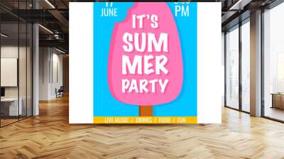 Summer party design template with ice cream on a popsicle stick. Flat vector illustration for invitation, banner, flyer or poster suitable for summertime entertainment and relaxing events or vacation. Wall mural