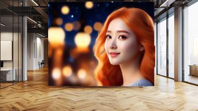 A gorgeous and endearing woman with long orange hair and a blurry, bokeh night background, depicted in an incredibly realistic 3D style, evoking a surreal atmosphere.
 Wall mural