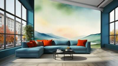 An gentle watercolor brushstrokes, calm scenery, simple compositions, quiet lakes, and foggy mountains.
 Wall mural