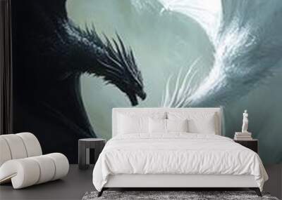 A black and white dragon face each other in a dramatic pose, with a cloudy background. Wall mural