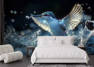 A blue and white kingfisher with a fish in its beak, emerging from a splashing stream of water. Wall mural