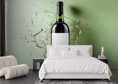 A bottle of red wine with a blank label surrounded by a splash of wine. Wall mural