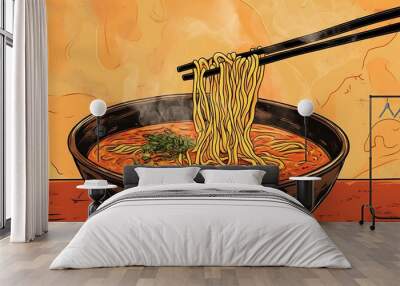 A bowl of steaming ramen noodles with chopsticks. Wall mural