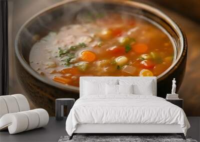 A bowl of steaming vegetable soup with carrots, corn, and tomatoes. Wall mural