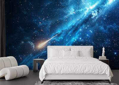 A bright comet streaks through a starry, nebulous sky. Wall mural