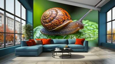 A brown snail with a spiral shell crawls on a green leaf. Wall mural