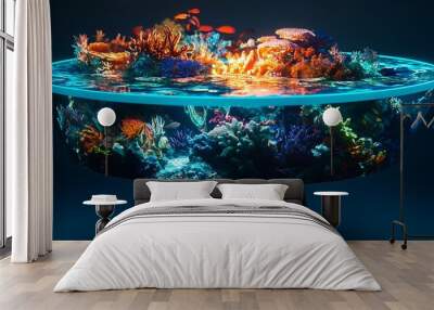 A circular, transparent aquarium with a vibrant coral reef and colorful fish. Wall mural