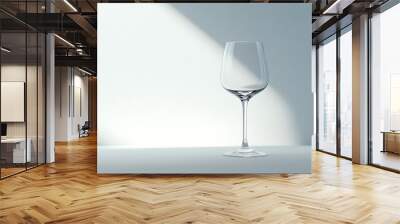 A clear wine glass stands on a white surface with a shaft of light. Wall mural