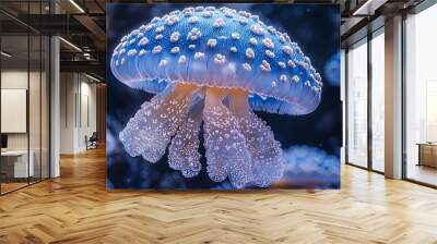 A close-up of a blue jellyfish with white dots, swimming in a dark blue water. Wall mural