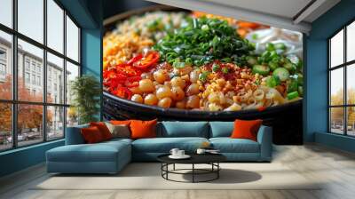 A close-up of a bowl of Asian noodles with various toppings including vegetables, chili peppers, and chopped green onions. Wall mural