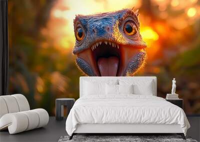 A close-up of a cute blue dinosaur with its mouth open and tongue sticking out.  The dinosaur is standing in front of a blurred background of green leaves and a golden sunset. Wall mural