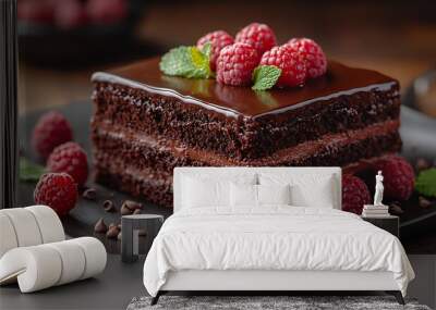 A close-up of a decadent chocolate cake topped with fresh raspberries and a sprig of mint. Wall mural