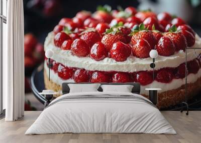 A close-up of a delicious strawberry cake with whipped cream and a layer of strawberry jam. Wall mural