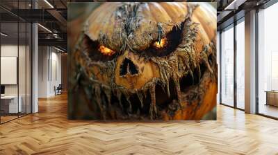 A close-up of a scary jack-o-lantern with glowing eyes and a menacing grin. Wall mural