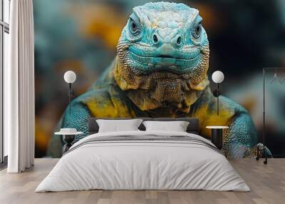 A close-up portrait of a blue and yellow iguana with a serious expression, looking directly at the camera. Wall mural