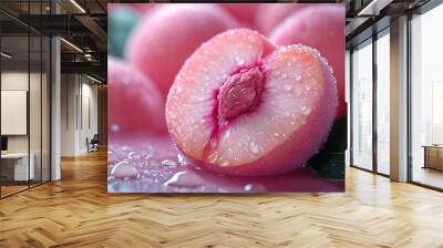 A close-up view of a halved peach with water droplets, surrounded by whole peaches and green leaves. Wall mural