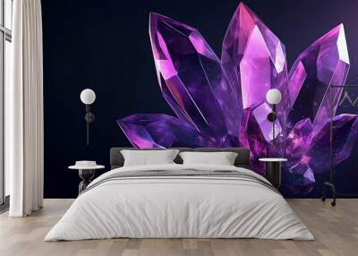 A cluster of vibrant purple crystals with a hint of pink, creating a dramatic and mystical scene. Wall mural