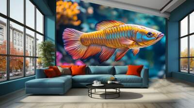 A colorful fish with a long, flowing fin swims through a vibrant underwater coral reef. Wall mural