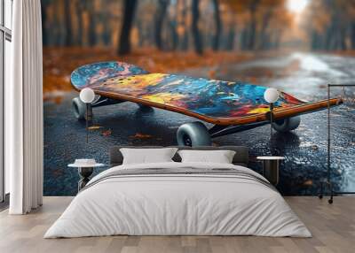 A colorful skateboard on a wet asphalt path in an autumnal forest. Wall mural