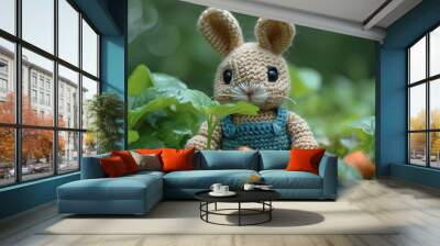 A crocheted bunny toy with blue overalls sitting in a patch of green plants. Wall mural