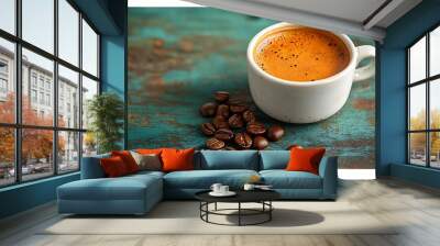 A cup of freshly brewed espresso with coffee beans on a rustic wooden background. Wall mural