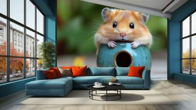 A cute, fluffy hamster peeking out of a blue ceramic pot with a hole on a wooden surface against a blurred green background. Wall mural