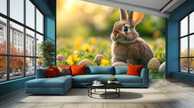 A cute brown bunny rabbit sits in a field of green grass surrounded by colorful Easter eggs. Wall mural