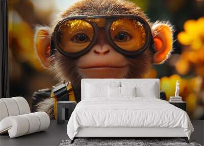 A cute monkey wearing goggles and a backpack looks at the camera. Wall mural