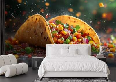 A delicious taco with seasoned ground beef, corn, cilantro, onion and red pepper, with chili powder falling around it. Wall mural