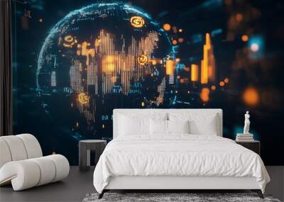 A digital globe with glowing data points and lines, representing global connections and data flow. Wall mural