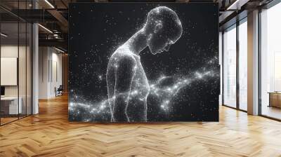 A digital representation of a human figure, composed of white particles against a black background, with a sense of sadness or solitude. Wall mural