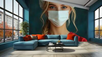 A female doctor in a red medical gown, white surgical cap, white mask, and white gloves, looking at the camera. Wall mural