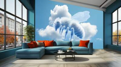 A fluffy bee flies through the sky with a fluffy cloud behind it. Wall mural