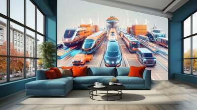 A futuristic illustration depicting various modes of transportation Wall mural