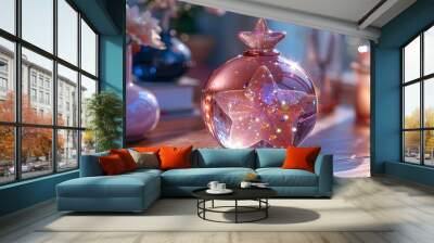 A glass ornament with a star inside on a wooden surface, surrounded by other decorative objects. Wall mural